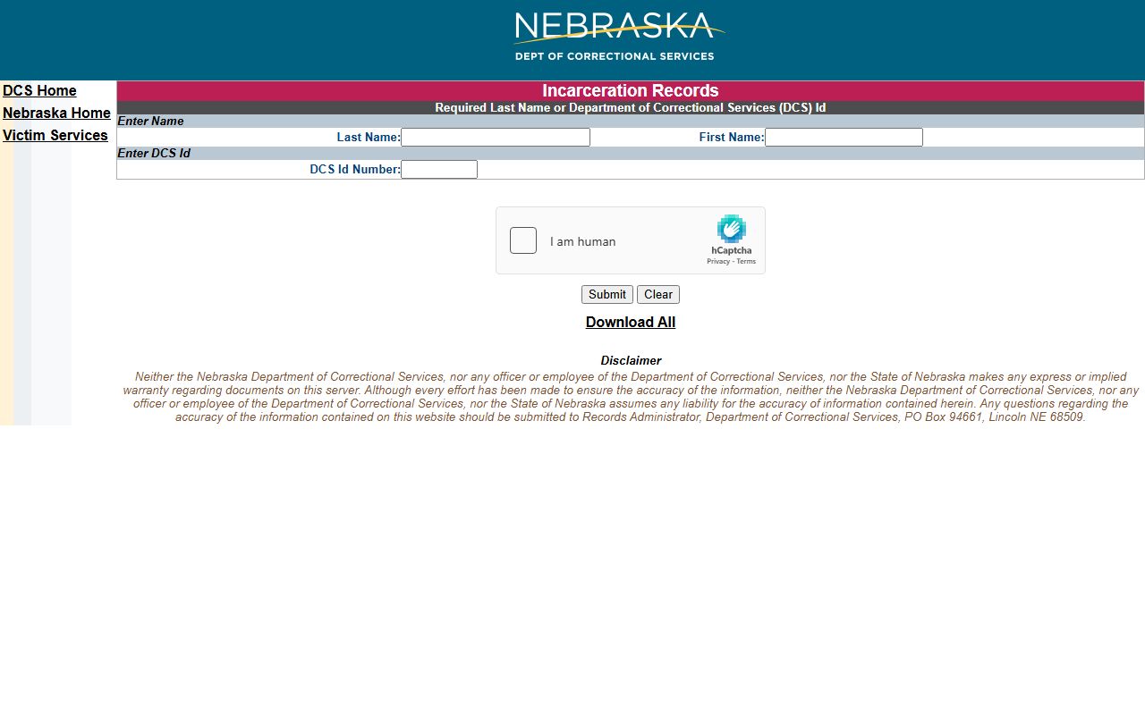 Nebraska NDCS inmate records search fields for Franklin County sentenced inmates