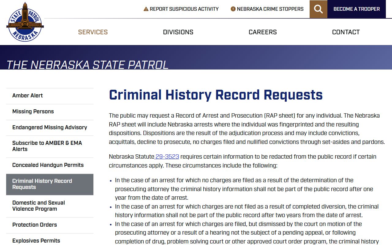 Franklin County arrest court records Nebraska State Patrol criminal history request
